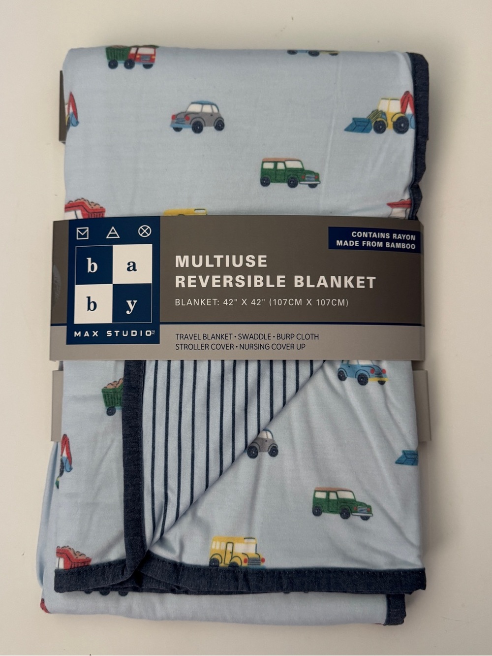 Baby Blanket Multi-use Cars Trucks Theme Reversible Stripes NEW | Max Studio
